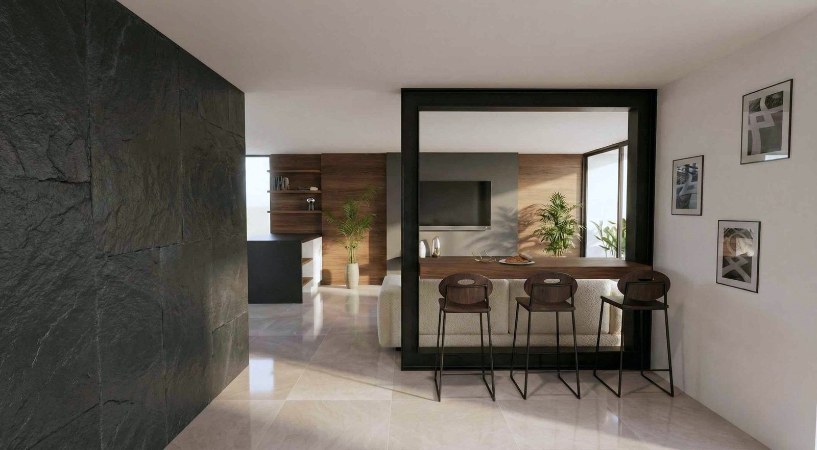 Pasillo con muro de slate que abre a la cocina, con barra y bancos. Casa Santiago.